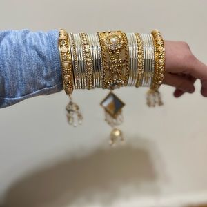 Gold Pearly & Silver Bangle Set with Gold Mirror Tassels and Dome